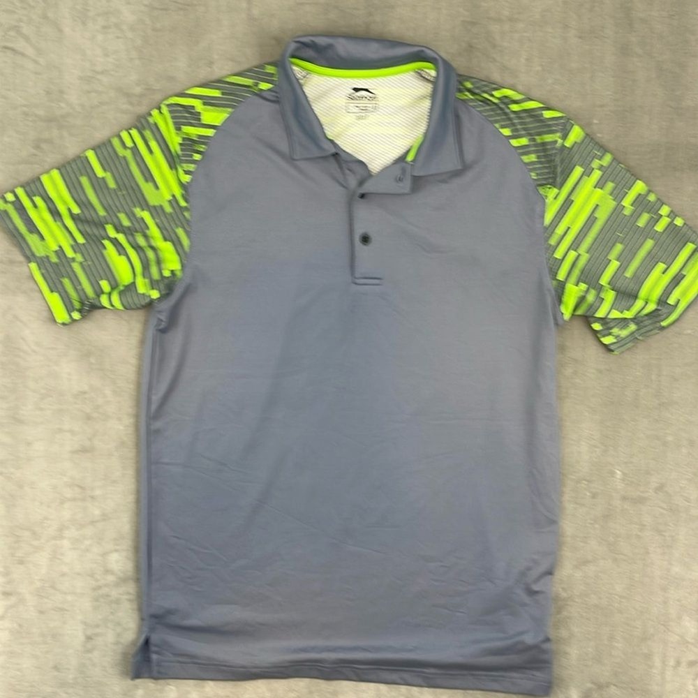 Slazenger‎ Mens Small Gray Neon Green Graphic Sleeve Performance Golf Polo Shirt